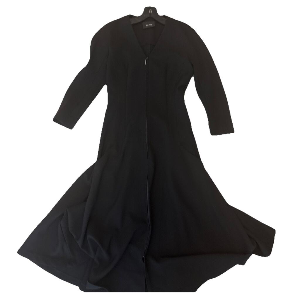 Akris Punto Black Zip Front Fit Flare Midi Dress Long Sleeve Pockets US 4 IT 40